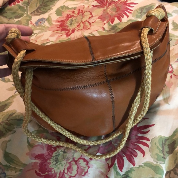 Vintage 70s Genuine 100% Leather Honey-Brown Dual-Rope Handle Round Bag GROOVY - Picture 6 of 16